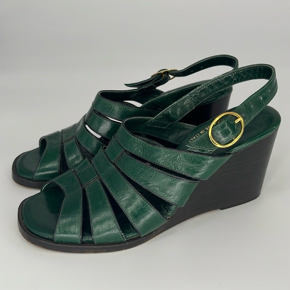 Vintage 70s Rodan Stacked Wedge Sandals in Green Leather Size 5 1/2 - Picture 5 of 13